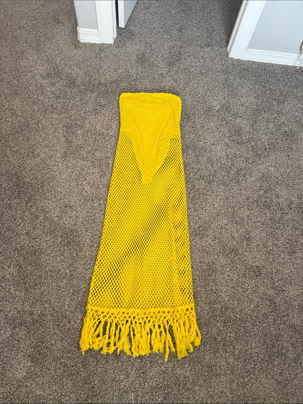 Bright Yellow Crochet Mesh Beach Cover-Up with Fringe